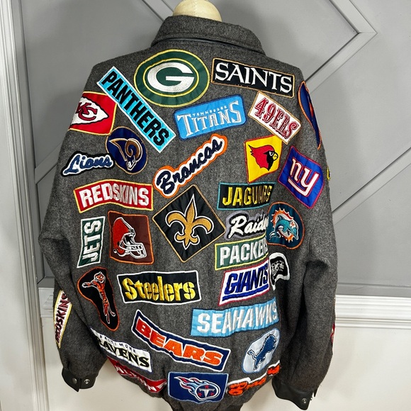 NFL Patches Leather-Trimmed Wool Jacket - Reebok-Jeff Hamilton Design Size XL - Picture 8 of 9